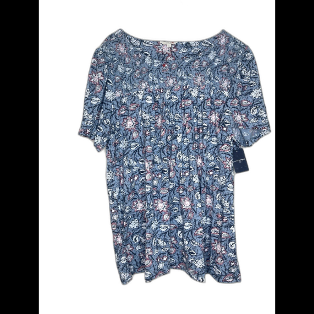 Lucky Brand Women 3X Blue Pink Floral Boho Peasant Blouse Smocked Yoke Plus Size - Picture 9 of 13
